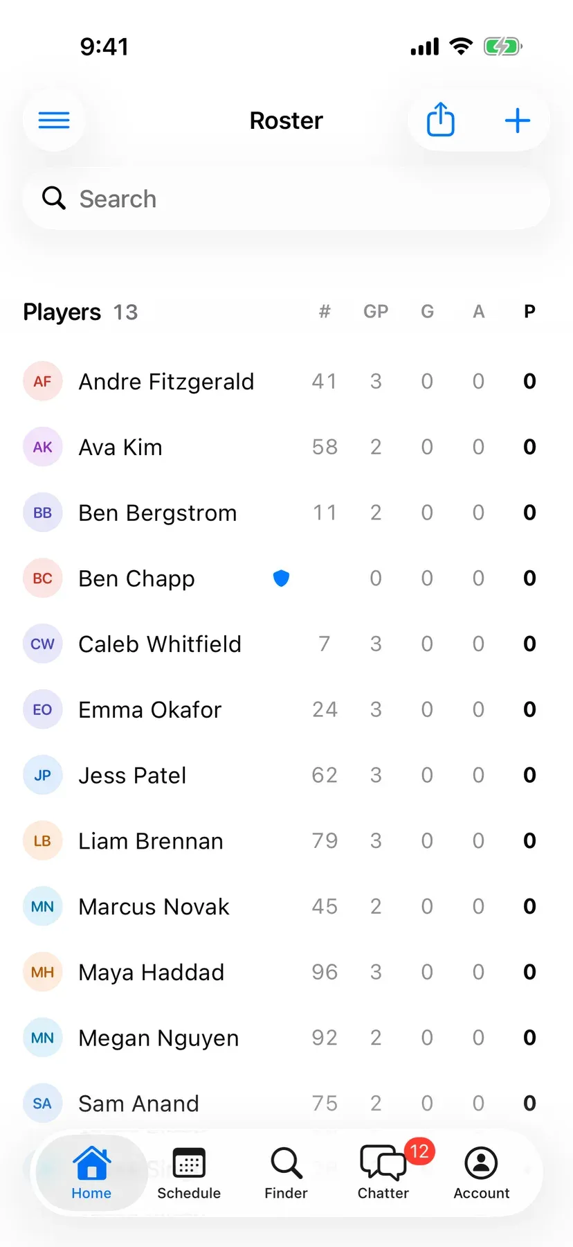 BenchApp roster screen listing the team's players