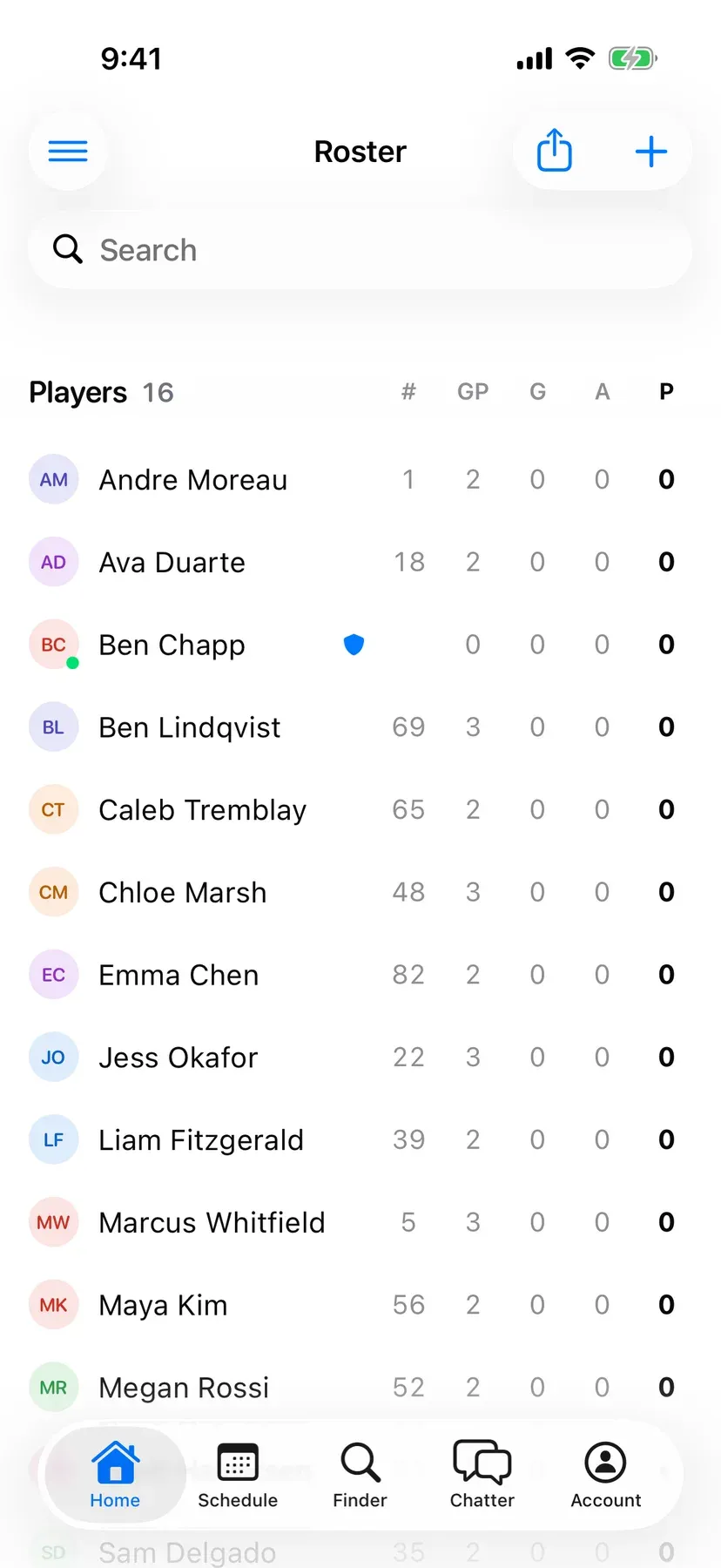 BenchApp roster screen listing the team's players