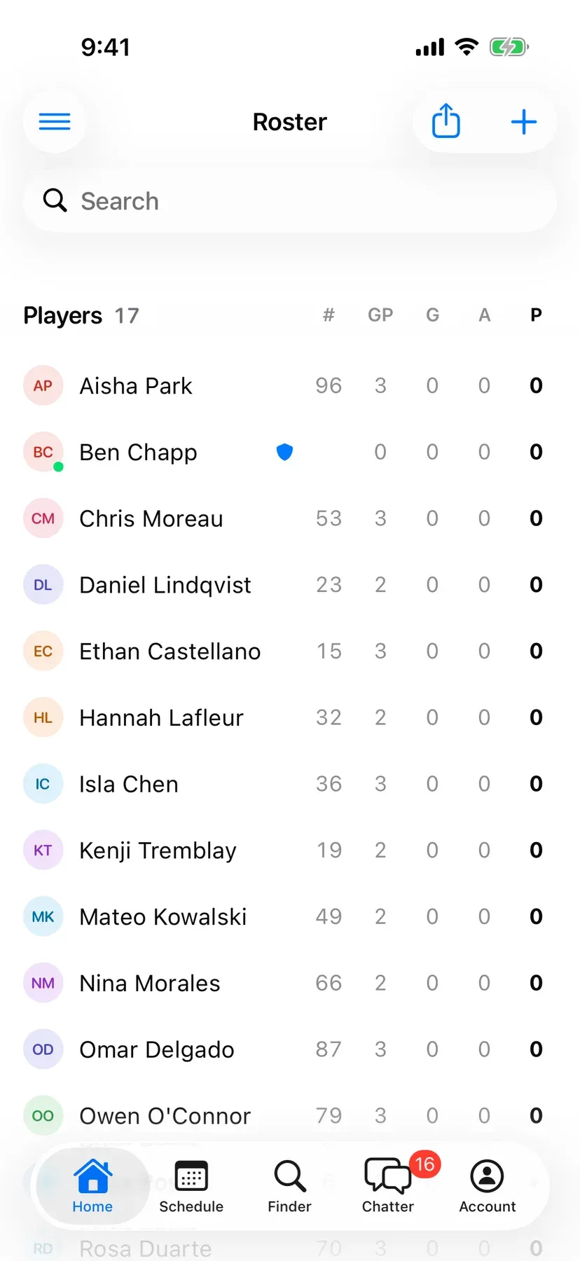 BenchApp roster screen listing the team's players