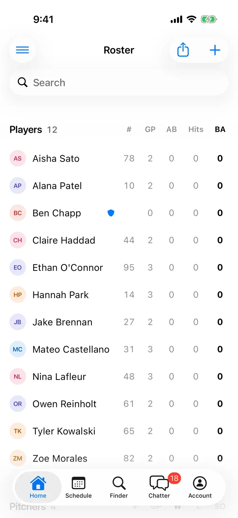 BenchApp roster screen listing the team's players