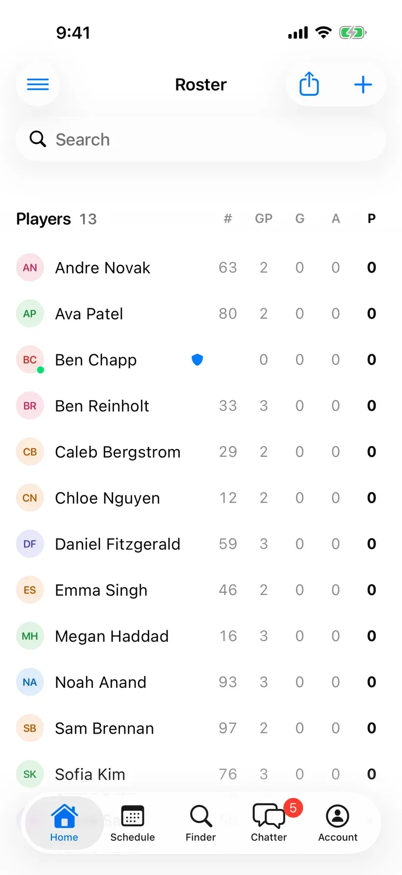 BenchApp roster screen listing the team's players