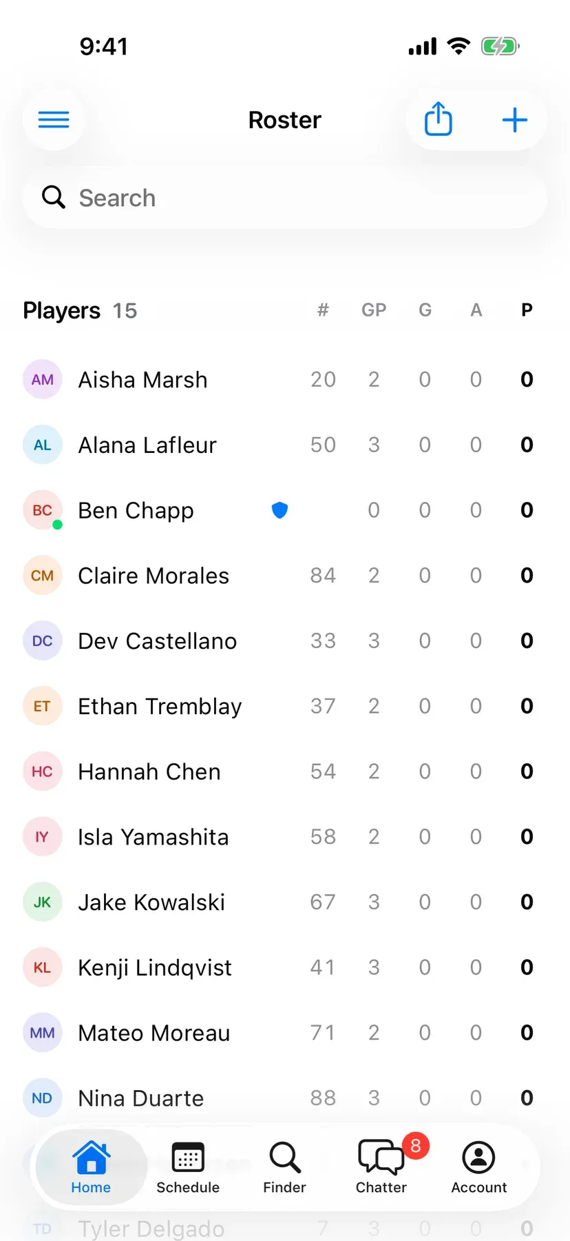 BenchApp roster screen listing the team's players