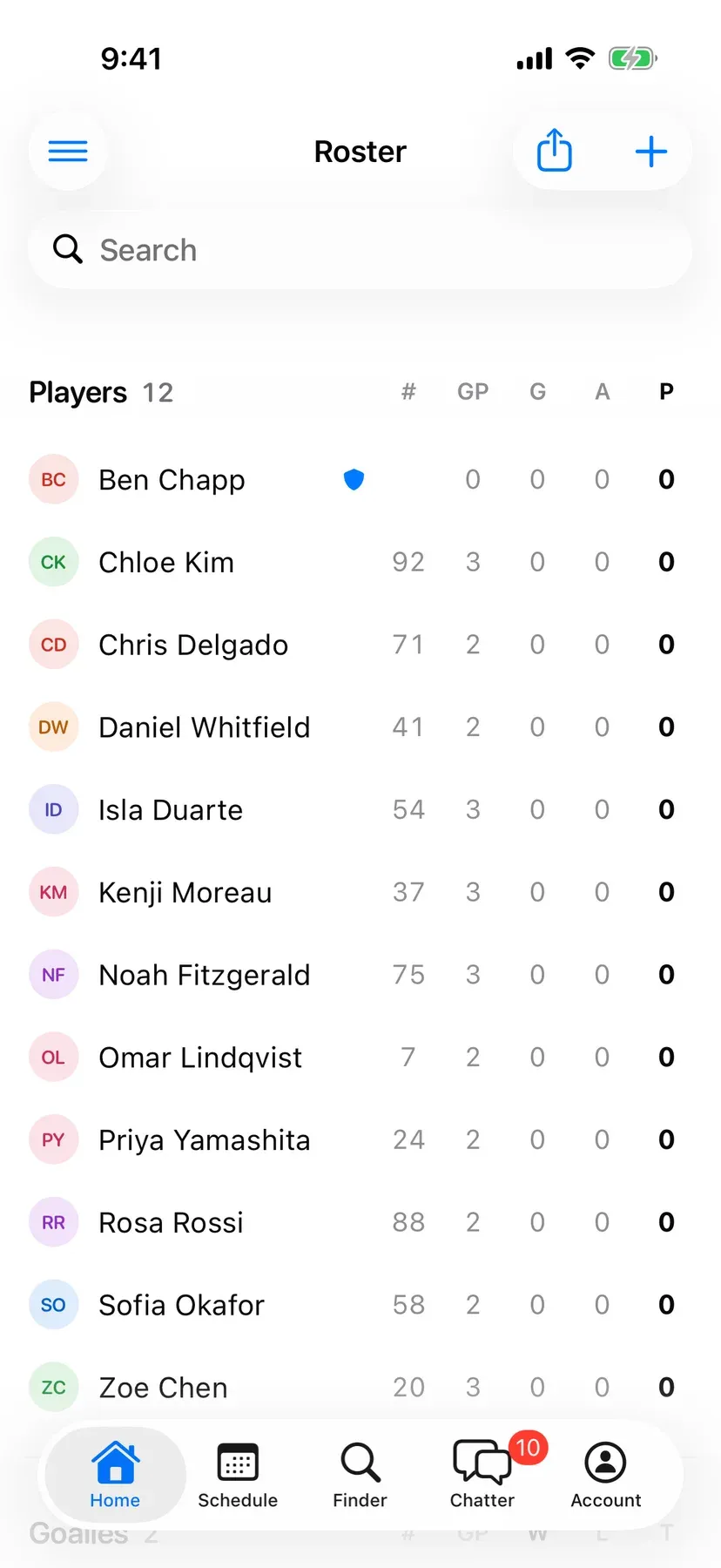 BenchApp roster screen listing the team's players