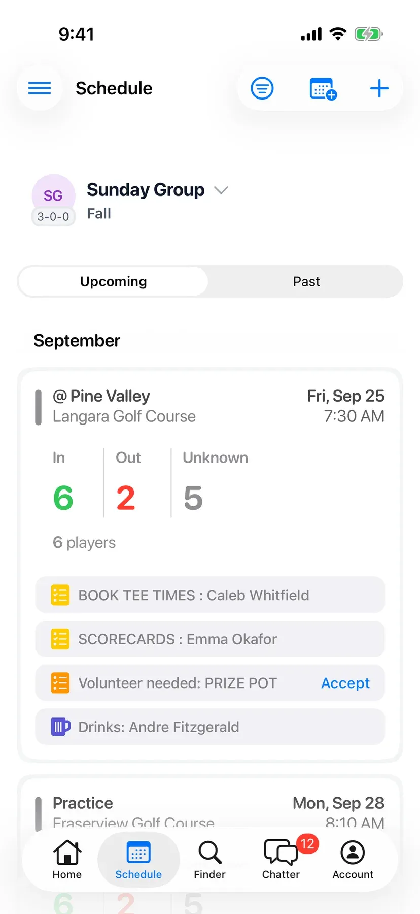 BenchApp schedule screen with upcoming games and RSVP counts