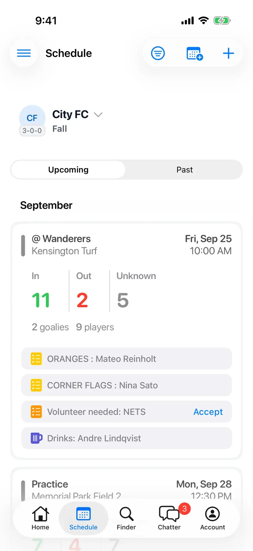 BenchApp schedule screen with upcoming games and RSVP counts