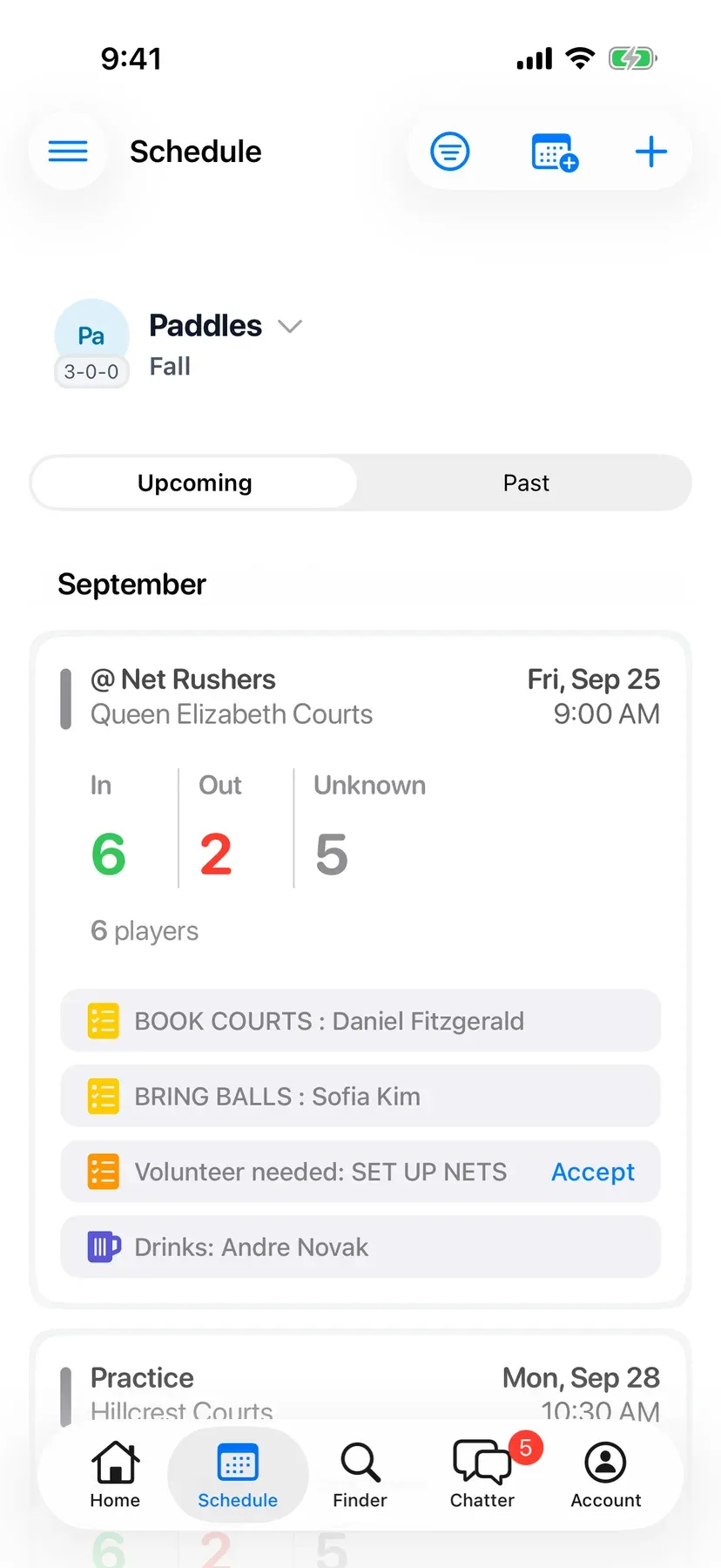 BenchApp schedule screen with upcoming games and RSVP counts