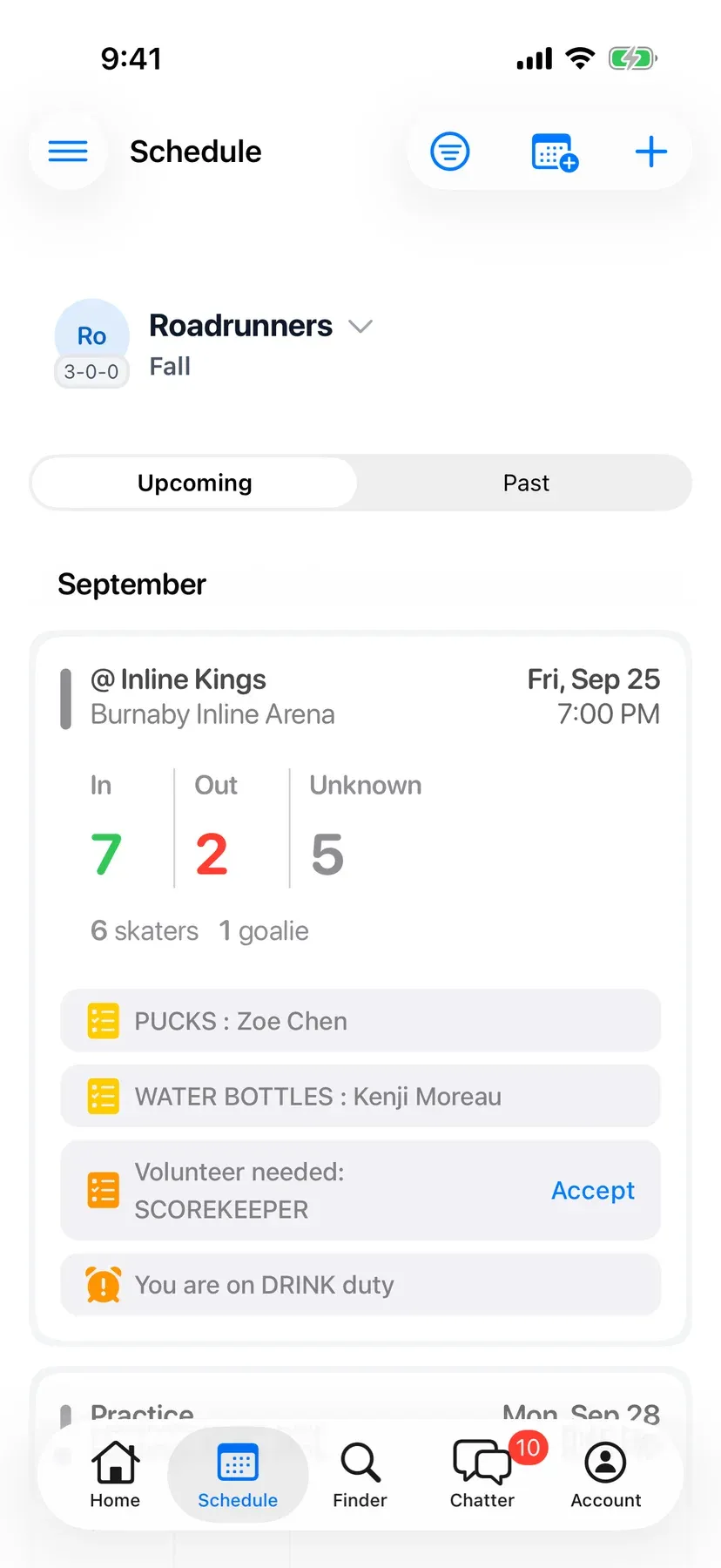 BenchApp schedule screen with upcoming games and RSVP counts
