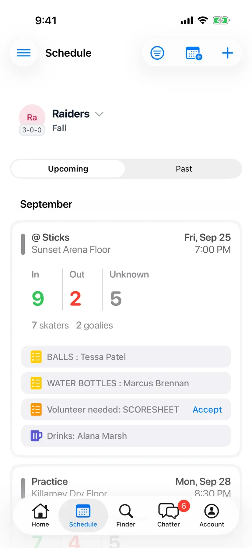 BenchApp schedule screen with upcoming games and RSVP counts
