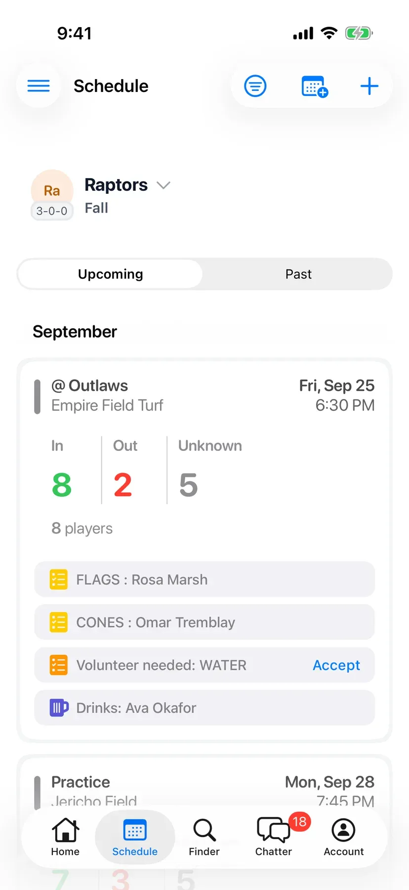 BenchApp schedule screen with upcoming games and RSVP counts