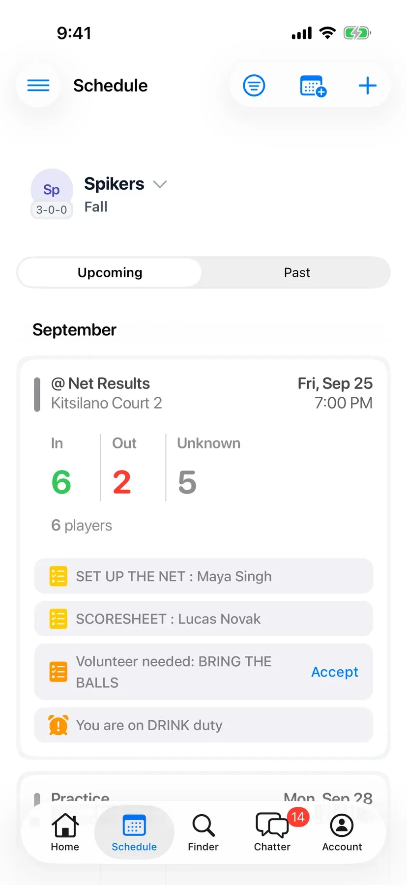 BenchApp schedule screen with upcoming games and RSVP counts