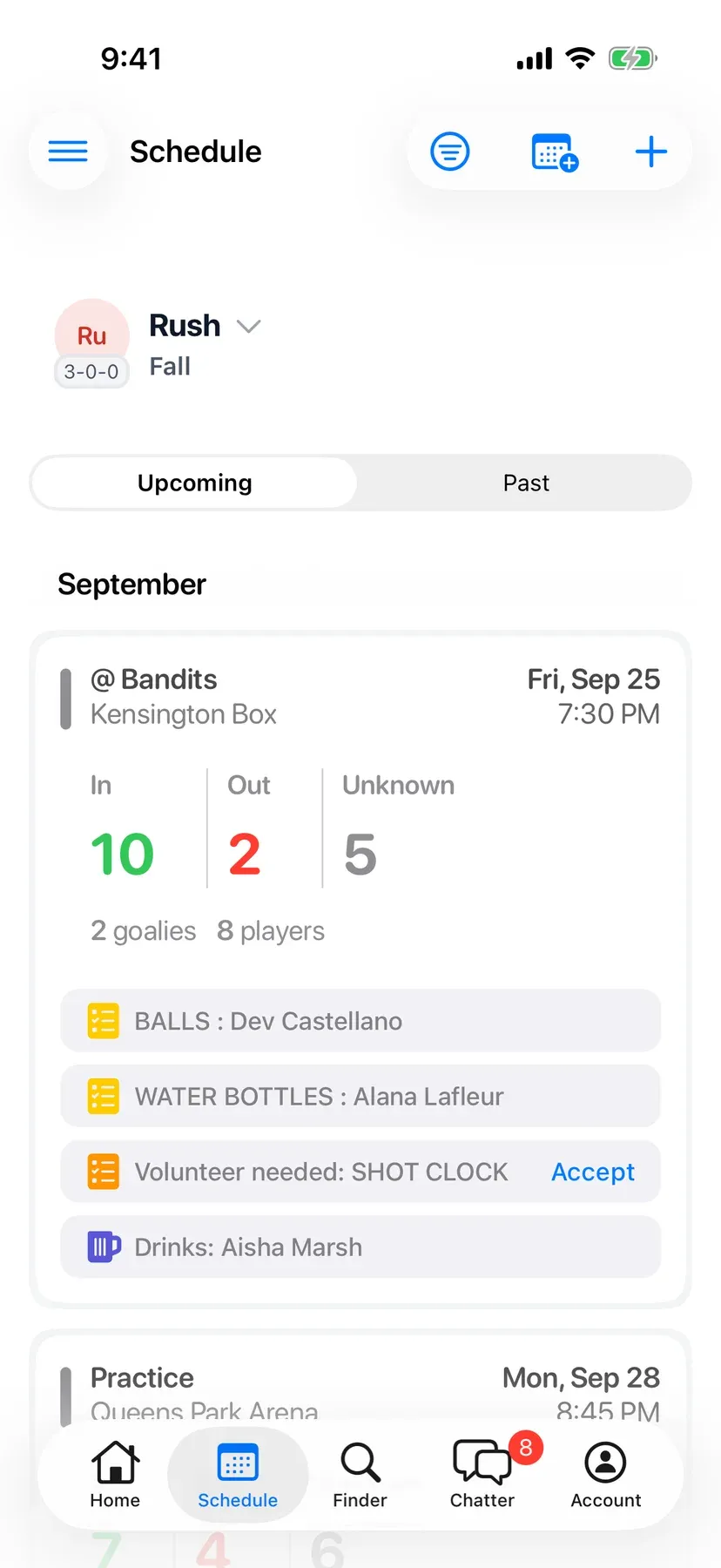 BenchApp schedule screen with upcoming games and RSVP counts
