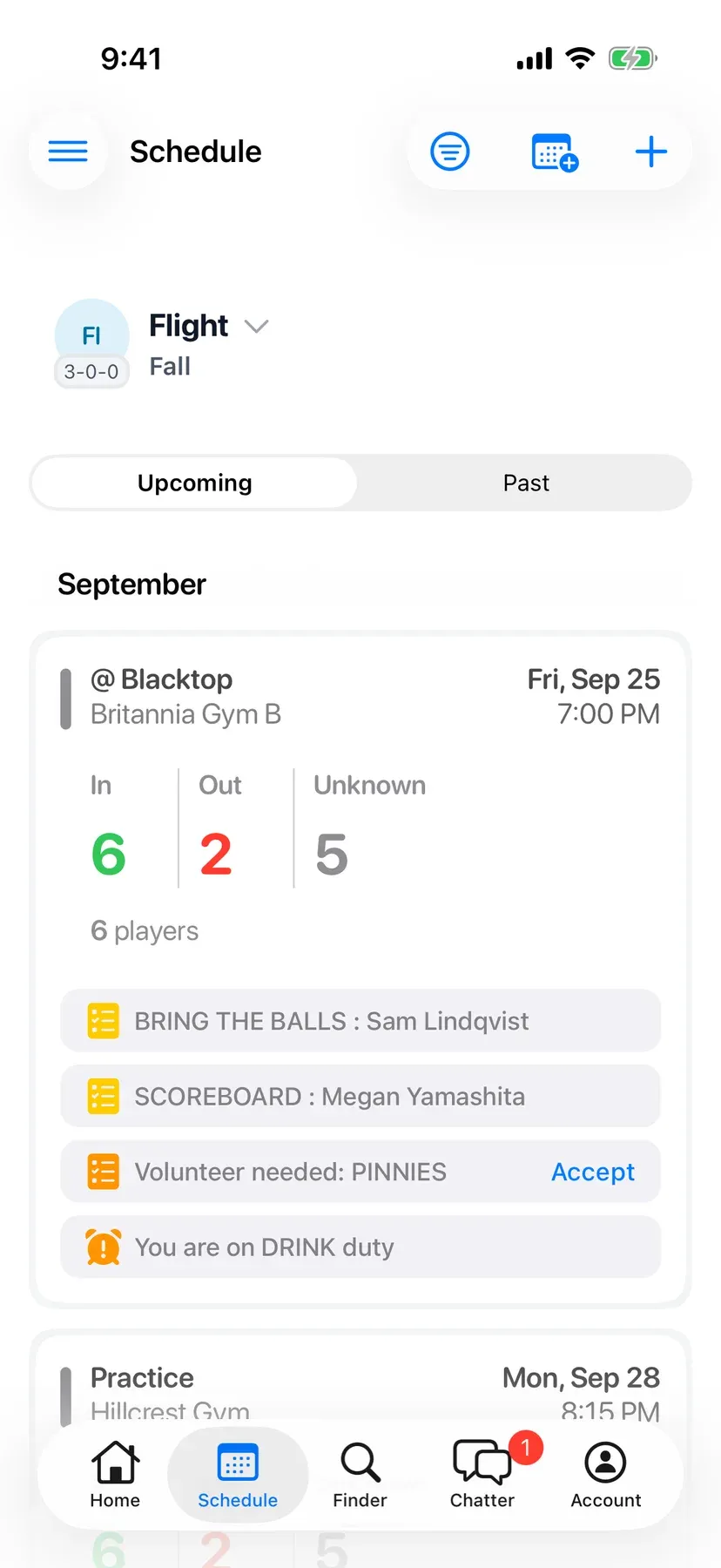 BenchApp schedule screen with upcoming games and RSVP counts