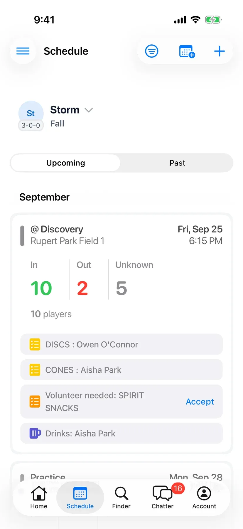 BenchApp schedule screen with upcoming games and RSVP counts