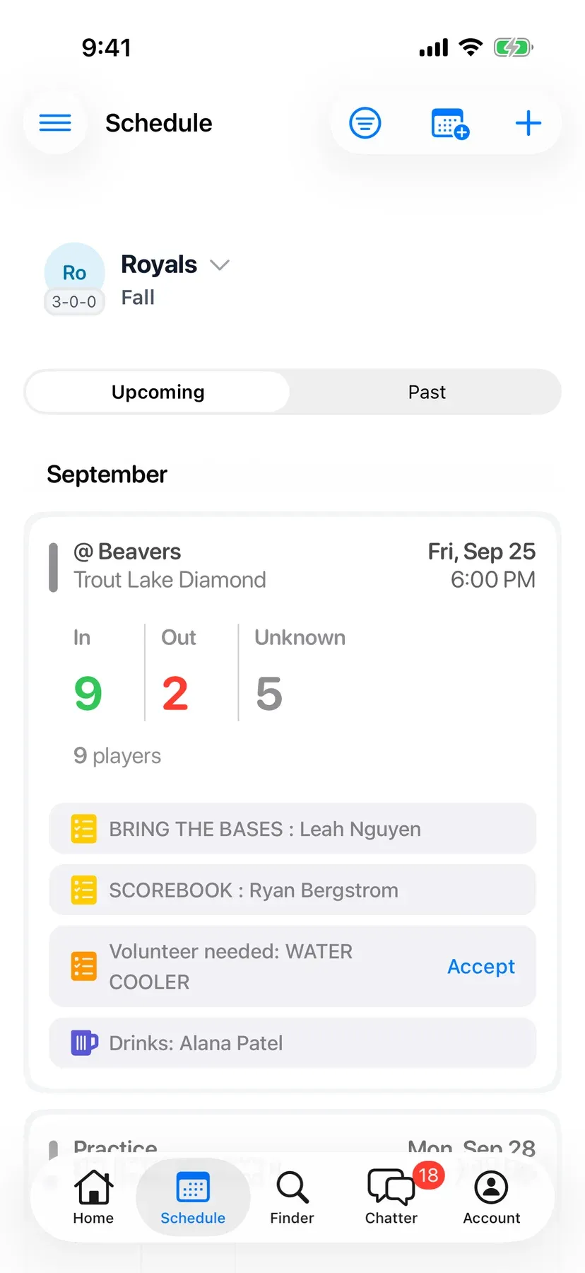 BenchApp schedule screen with upcoming games and RSVP counts